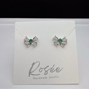 SGE18 S925 Stamped Natural Jadeite Bow tie Studs Earring